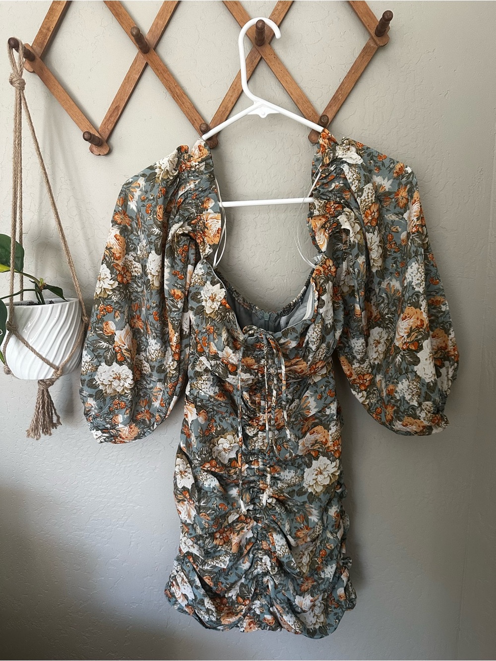 Hello Molly Sage Green Floral Puff-Sleeve Ruched Mini Dress